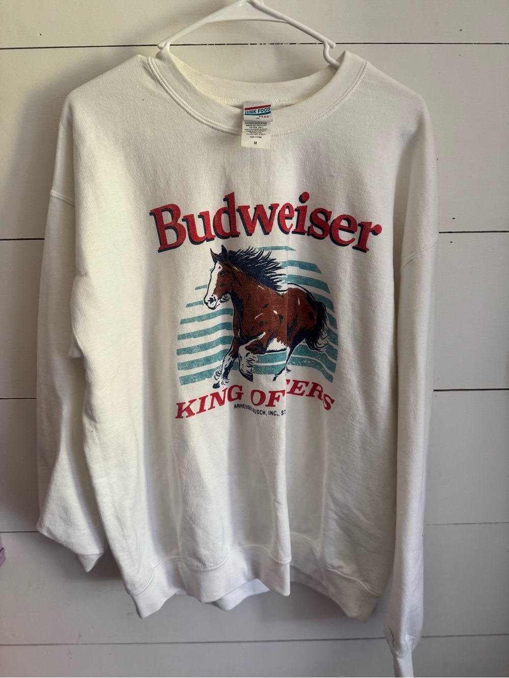 Junk Food Clothing White Budweiser Horse Graphic Crewneck